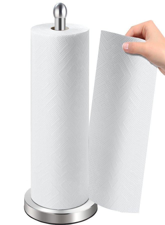 DAWNER Paper Towel Holder for Countertop, Easy One-Handed Tear, Stainless Steel, Weighted Base with Suction Cups, Non-Slip Paper Towel Stand for Kitchen, Bathroom, Brushed Nickel - Image 1